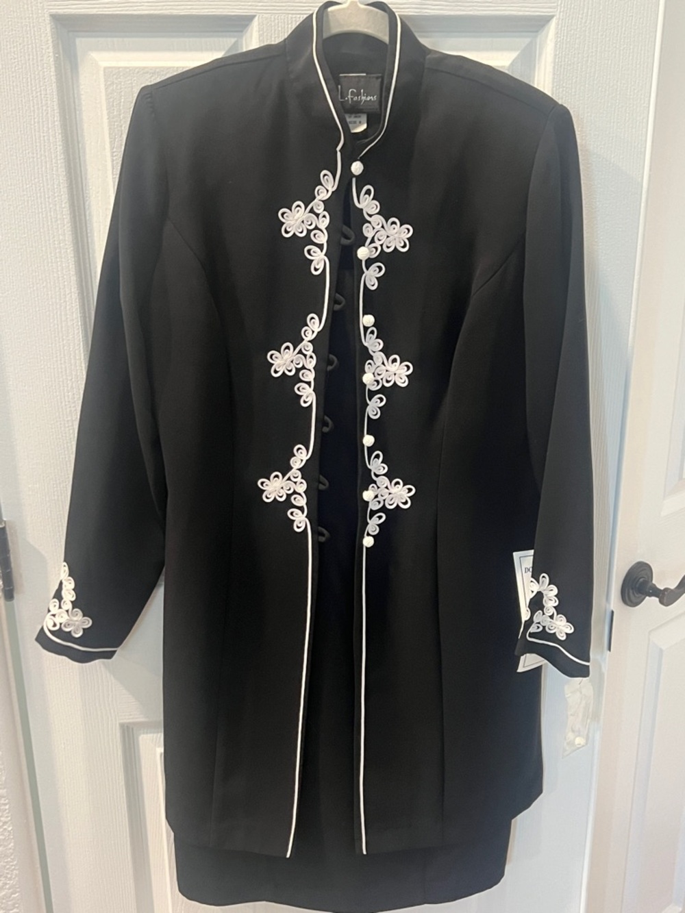 S.L. Fashions Black Midi Dress with White Embroidered Trim - Size 8